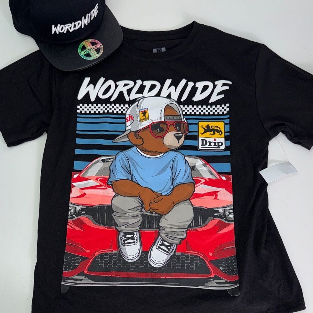 Worldwide Black Kids T-Shirt with Bear and Car Graphic & hat Sz Large NWT
